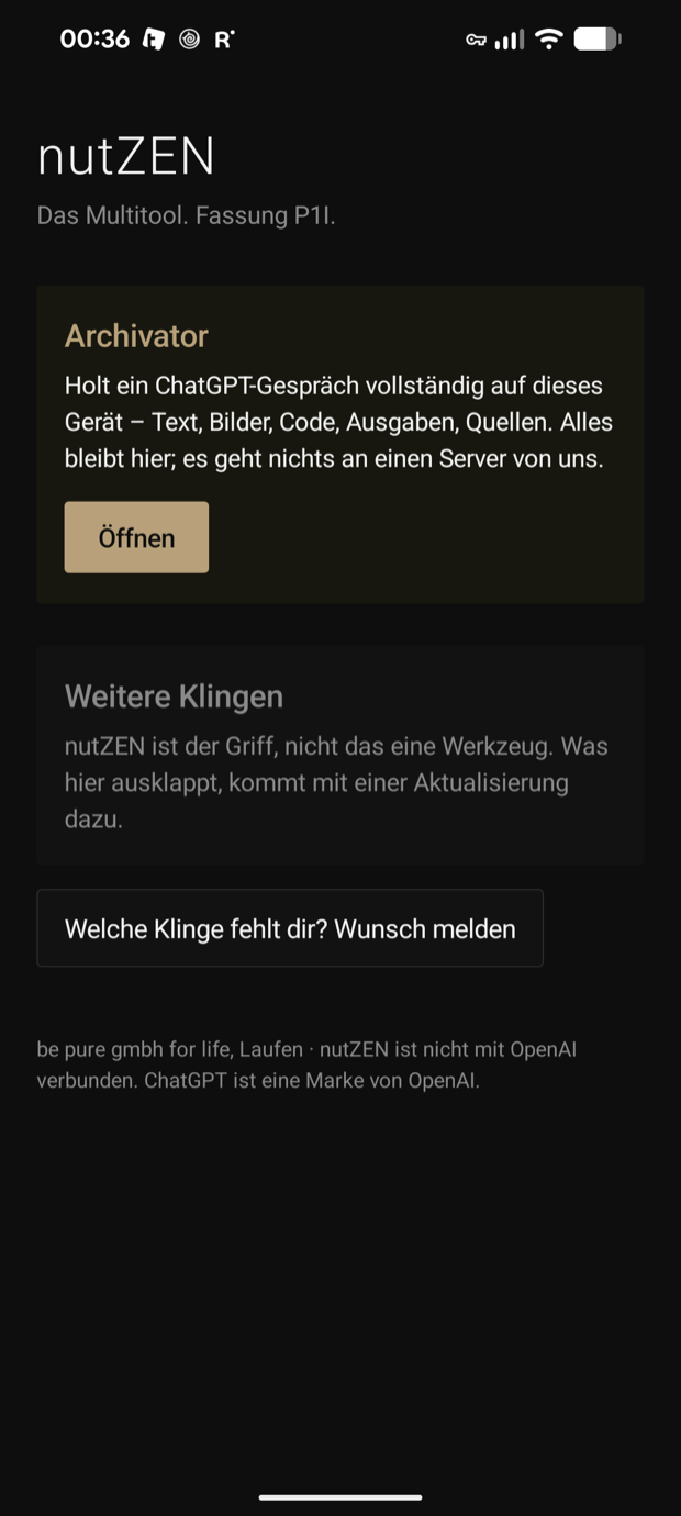 Phone screenshot: the dark workbench of the nutZEN app with its
            blades listed one below the other