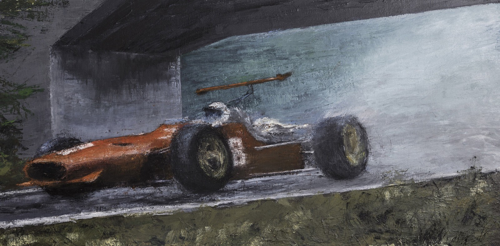 Painting: a red formula car drives underneath a concrete
                  bridge