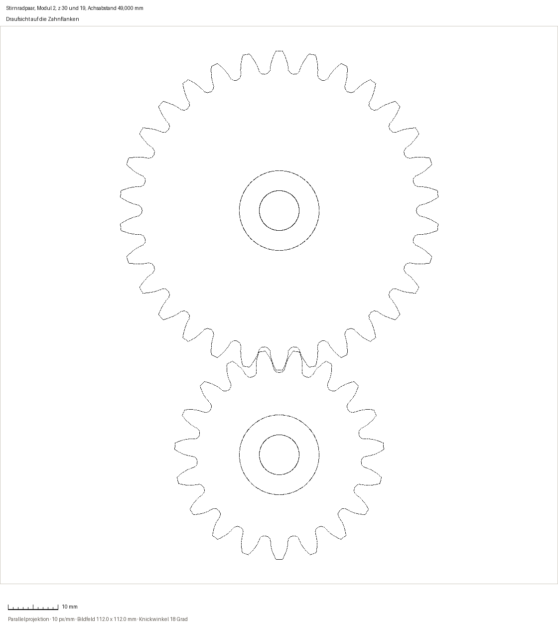 Technical drawing of two meshing spur gears, top view of the
            tooth flanks